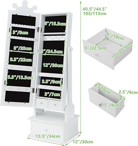 Armoire à Bijoux pour Enfant avec Miroir Pleine Longueur 3 Tiroirs et 4 étagères 13 Crochets 18 Emplacements Blanc
