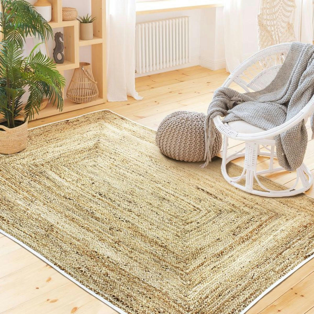FUNNY - Tapis en jute et coton bande blanche 120x170