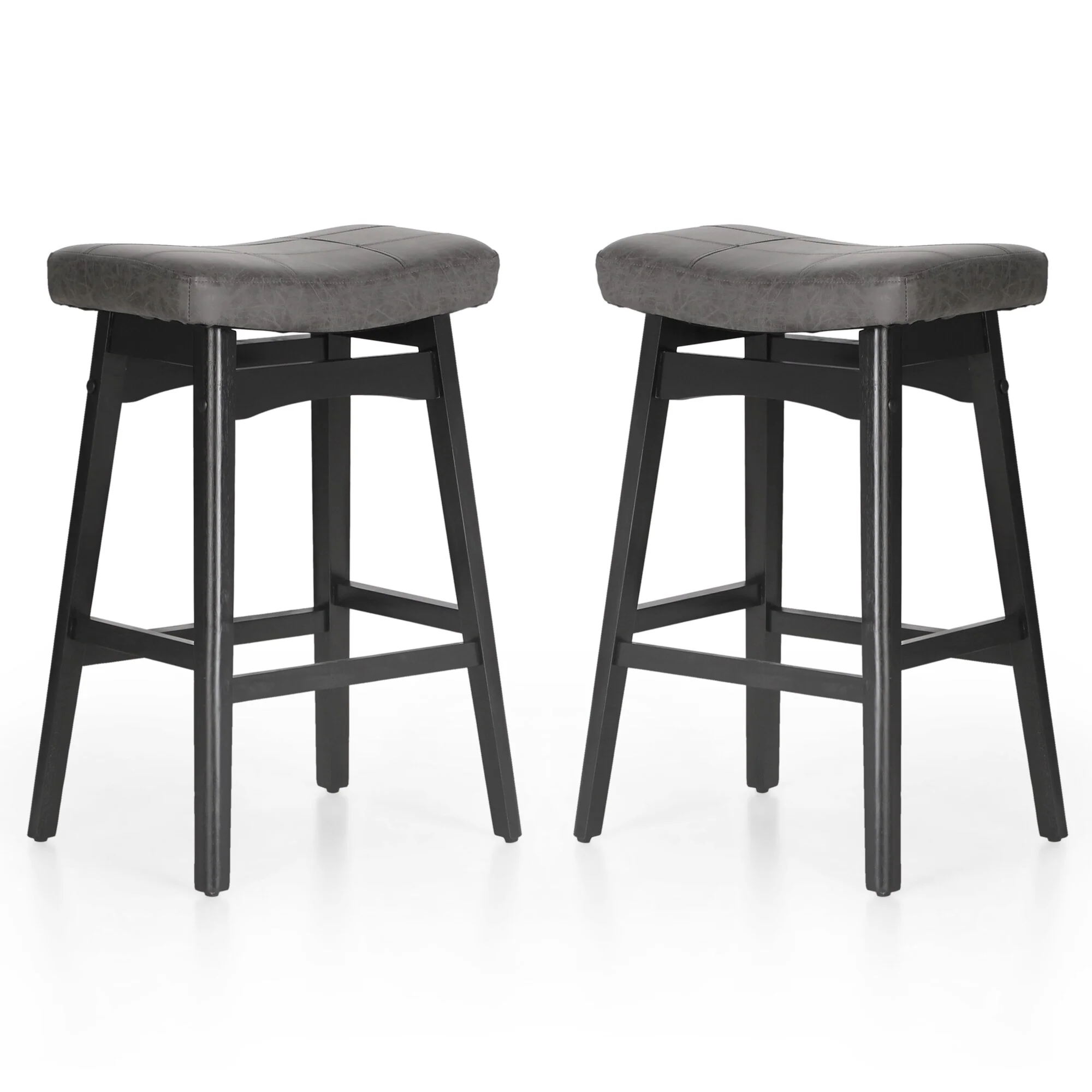24 Inch Solid Wood Barstools with Linen / PU Leather Fabric Cushion, Set of 2