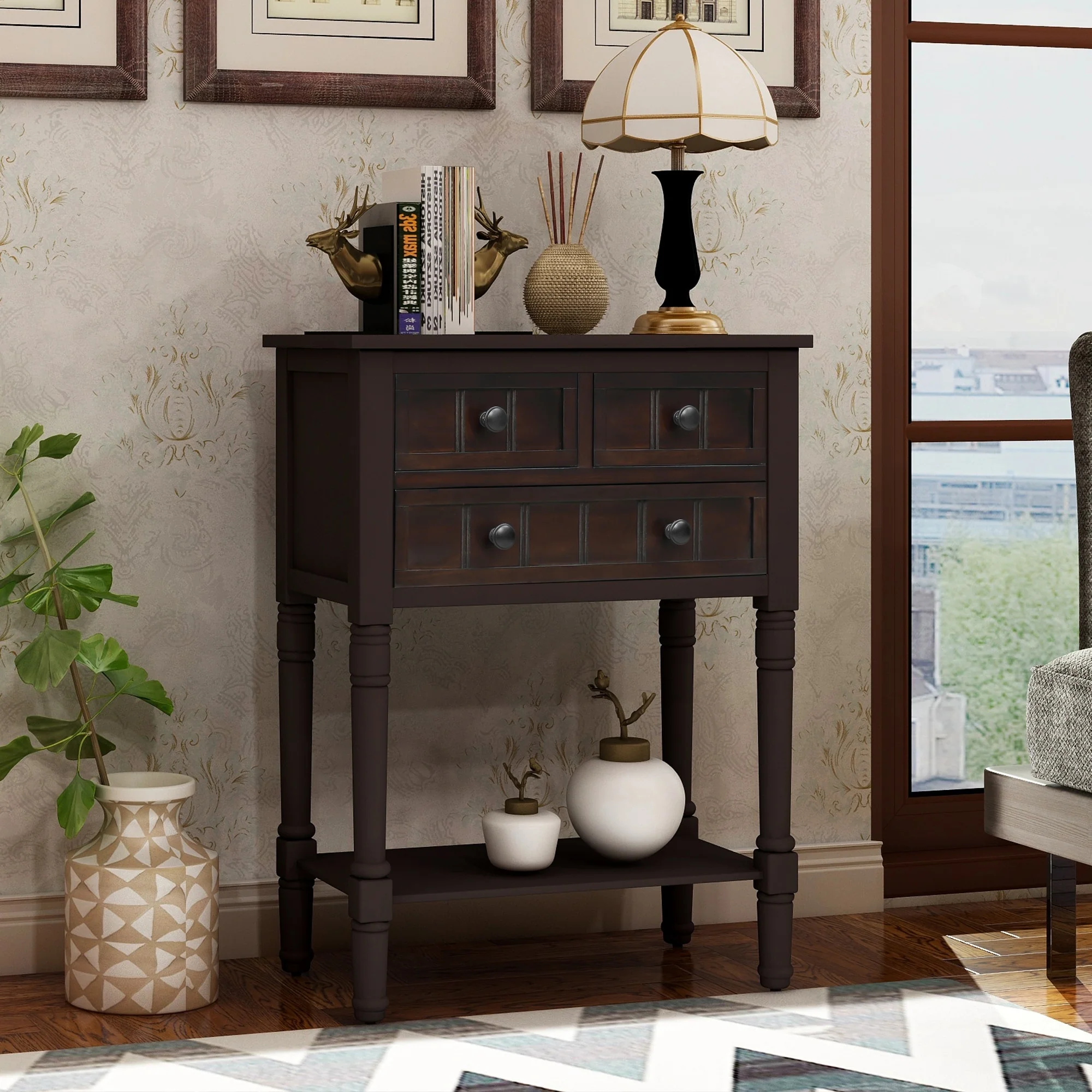 Console Table with 3 Storage Drawers and Bottom Shelf, Solid Wood Frame for Home Entryway and Hotel
