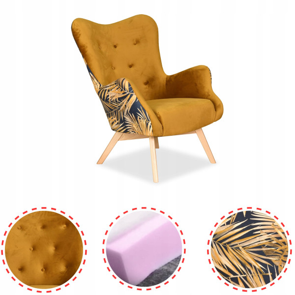 Fotel uszak Luna Print Duo żółta Monstera Family