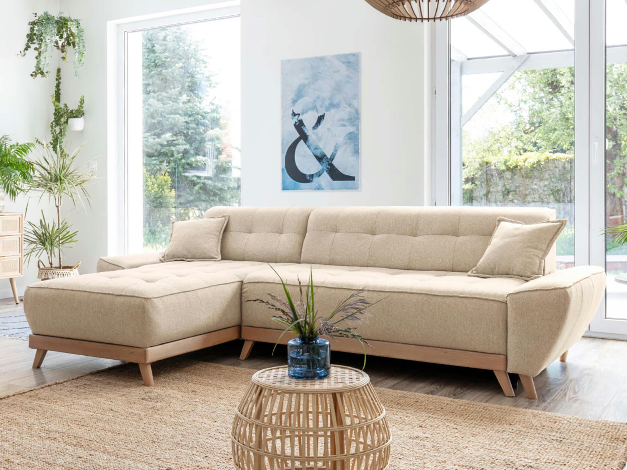 DAISY - Canapé d'angle réversible convertible 4 places en tissu beige