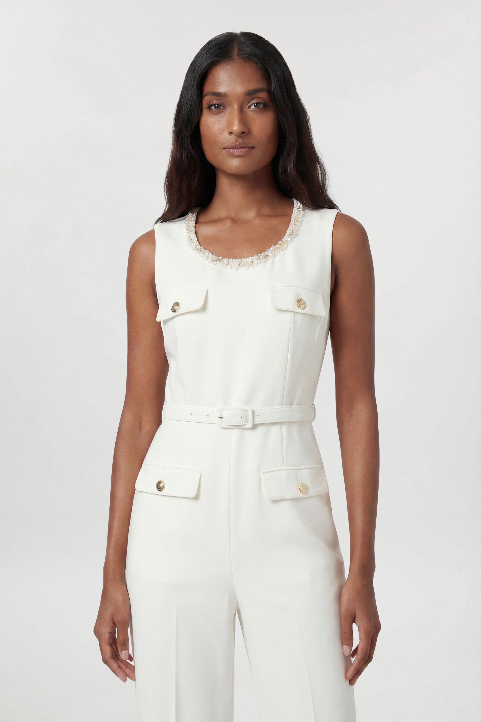 KarenMillen Compact Stretch Embellished Trim Tailored Wide Leg Jumpsuit
