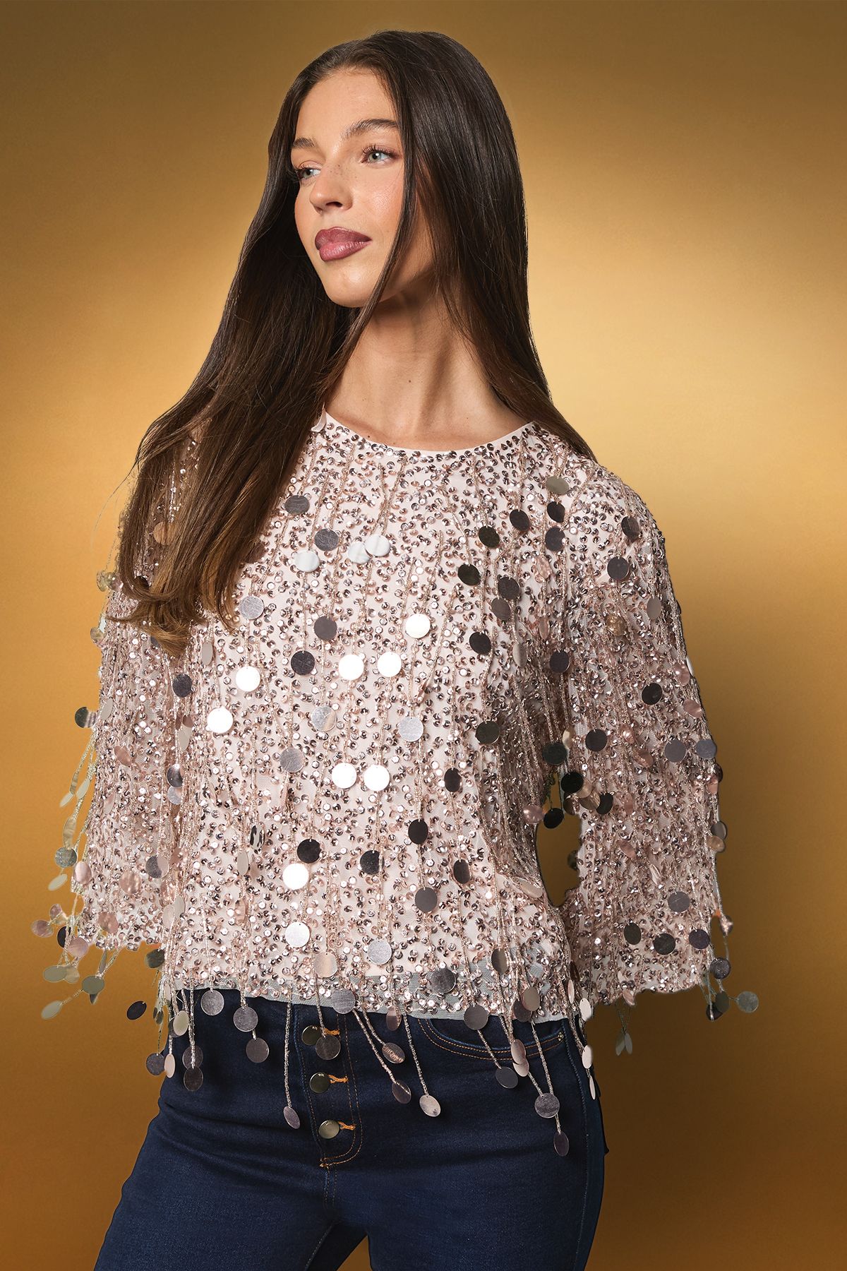 Coast Sequin Fringe Long Sleeve Party Top
