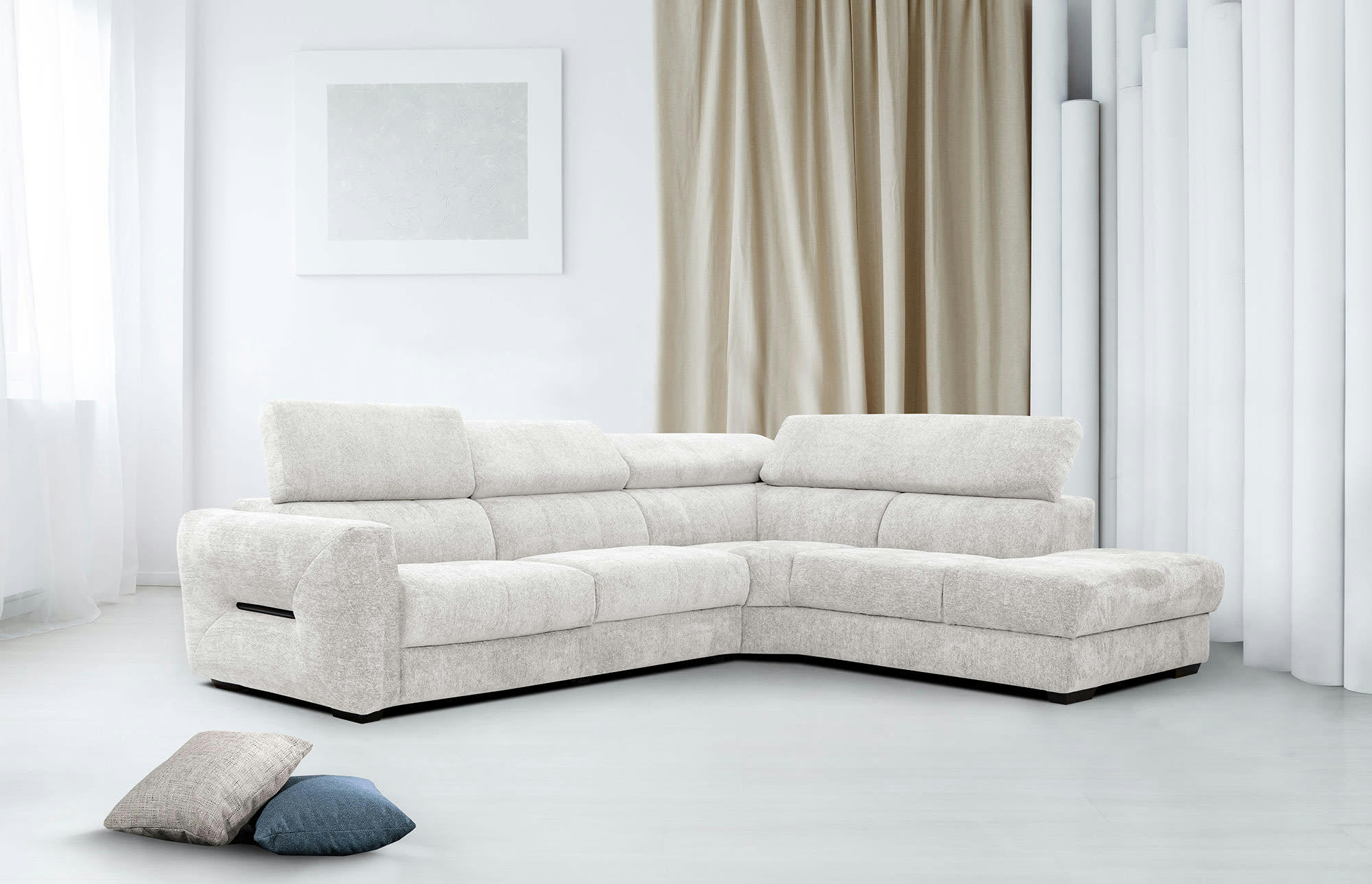 CALVERA - Canapé d'angle droit Calvera 5 places tissu écru