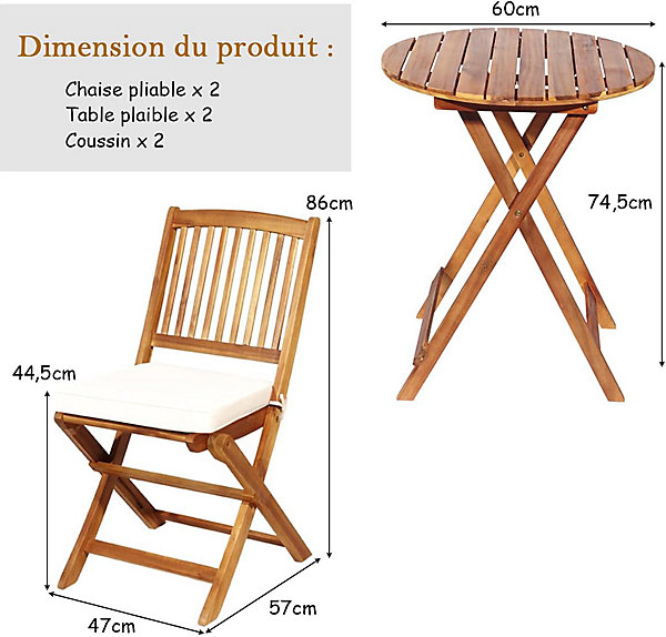 Ensemble de Bistro de Jardin Pliantes,2 Coussins 2 Chaises 1 Table Bois d'Acacia,Meuble de Jardin
