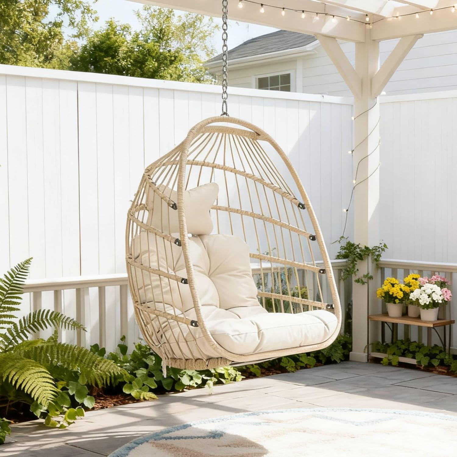 RADIATA All-Weather Swing Egg Chair No Stand, 350lbs Outdoor Sturdy Wicker Hammock Seat with Cushions, Comfy Portable Hanging Egg Basket Seat for Balcony Patio Bedroom Tree or Ceiling, Beige