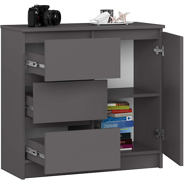 Commode AKORD JERRY Gris Graphite 80 cm 1 porte 3 tiroirs façade Gris Graphite 2 étagères 80x35x77 cm