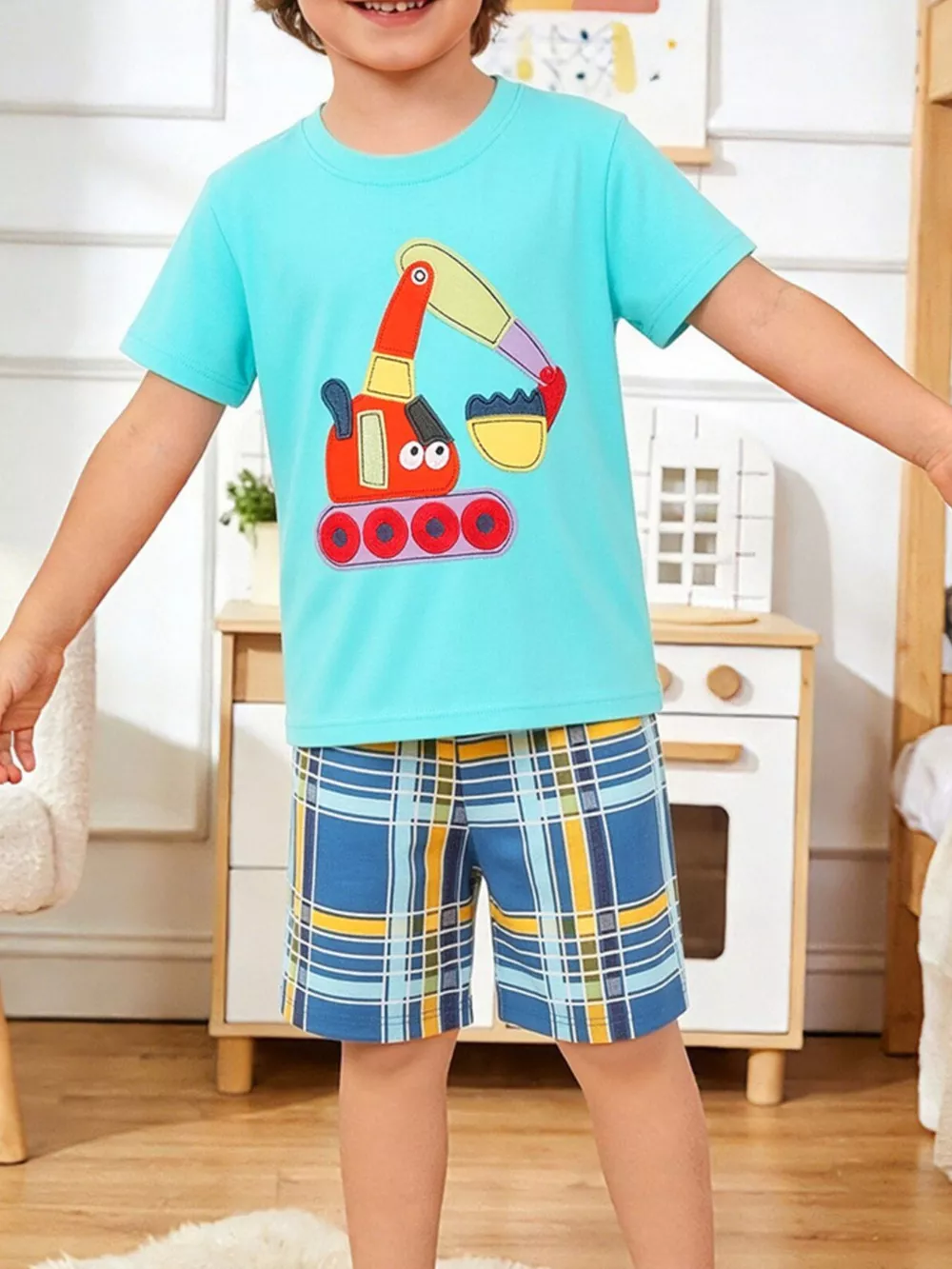 Children's Excavator Short Sleeve Tee and Plaid Shorts Set