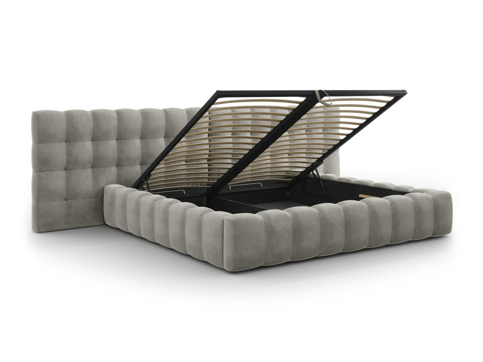 MAMAIA - Lit coffre en avec tête de lit double 200x200cm velours gris clair