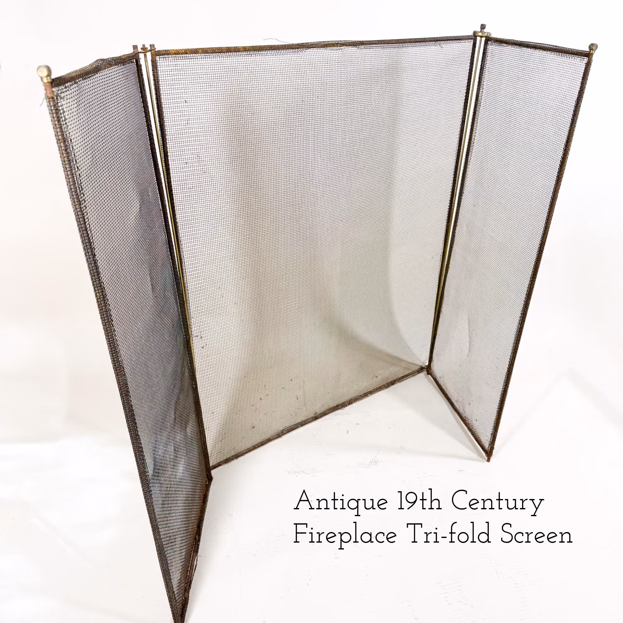 Antique 19th Century Fireplace Screen Hinged Folding Fireplace Screen Mesh Fire Guard Hinged Tri Panel Hearth Screen Rustic Iron Fireguard
