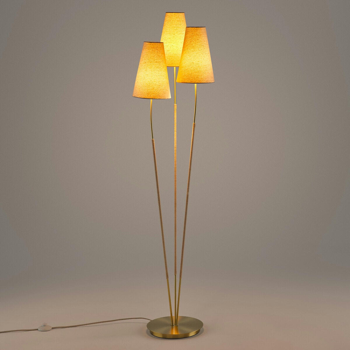 Lampadaire triple en laiton, lin & rotin, Amaya