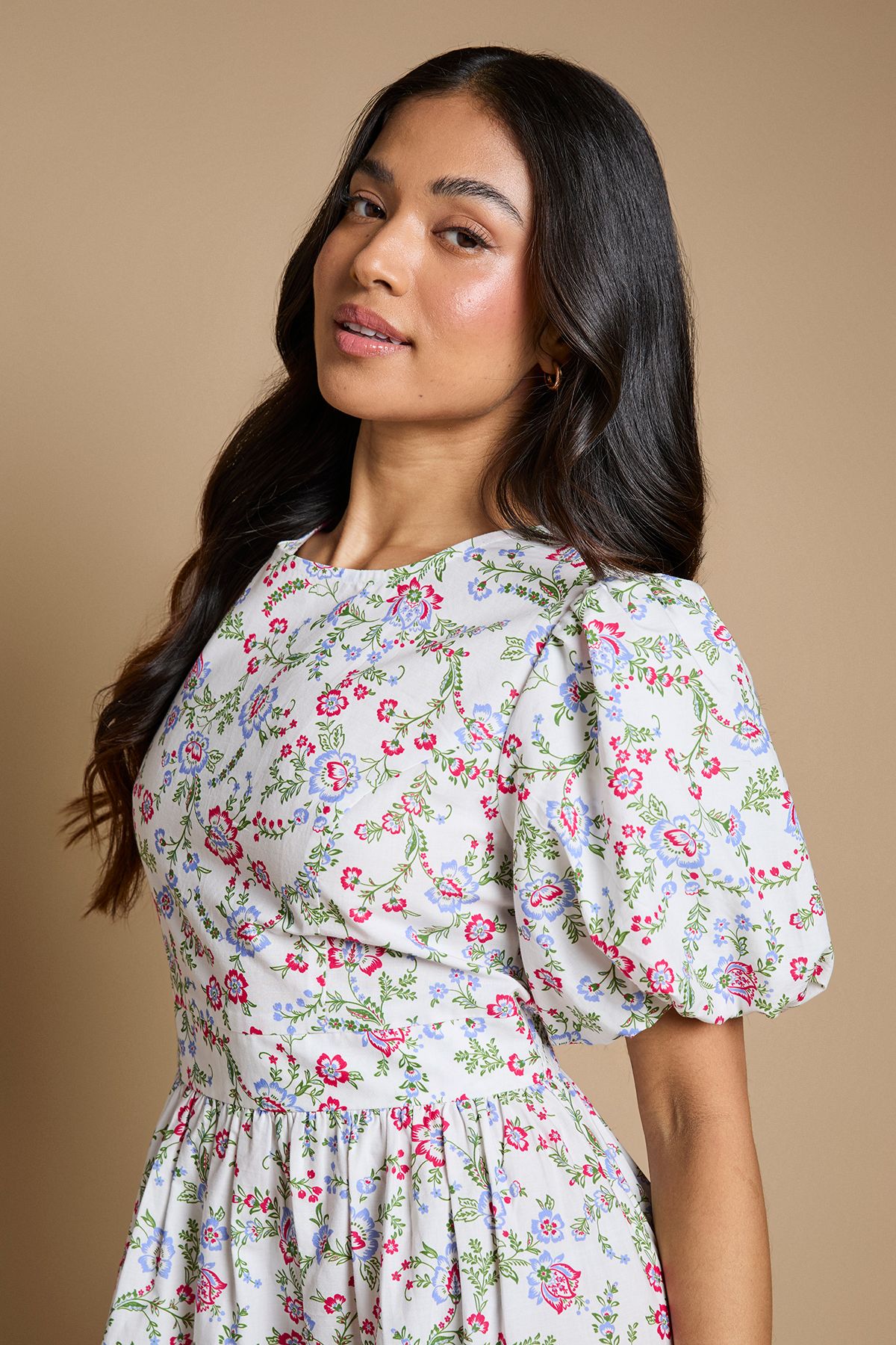 Dorothy Perkins Petite Puff Sleeve Princess Seam Poplin Midi Dress