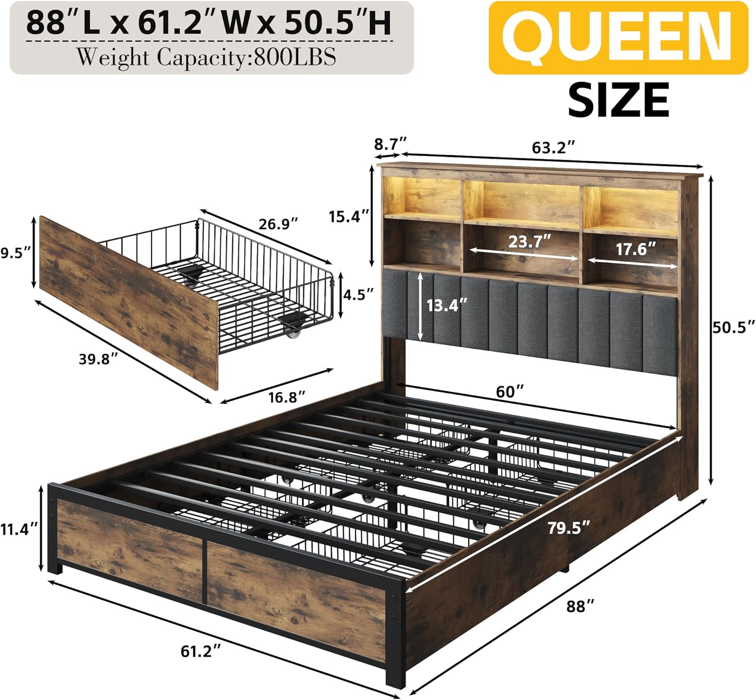 Lifezone Queen Bed Frame with Headboard, Queen Bed Frame with High Storage Bookcase Headboard, 4 Storage Drawers & Charging Station, No Box Spring Needed/Noise Free/All-Metal Support, Vintage Brown