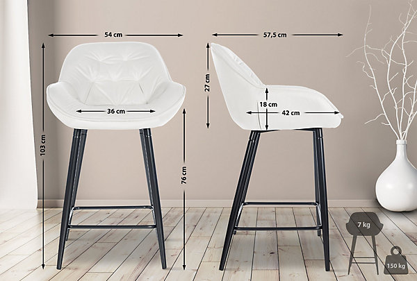 Lot de 2 tabourets de bar Gibson velours, Hauteur d'assise 76 cm, Chaises de bar avec repose-pieds Blanccrème