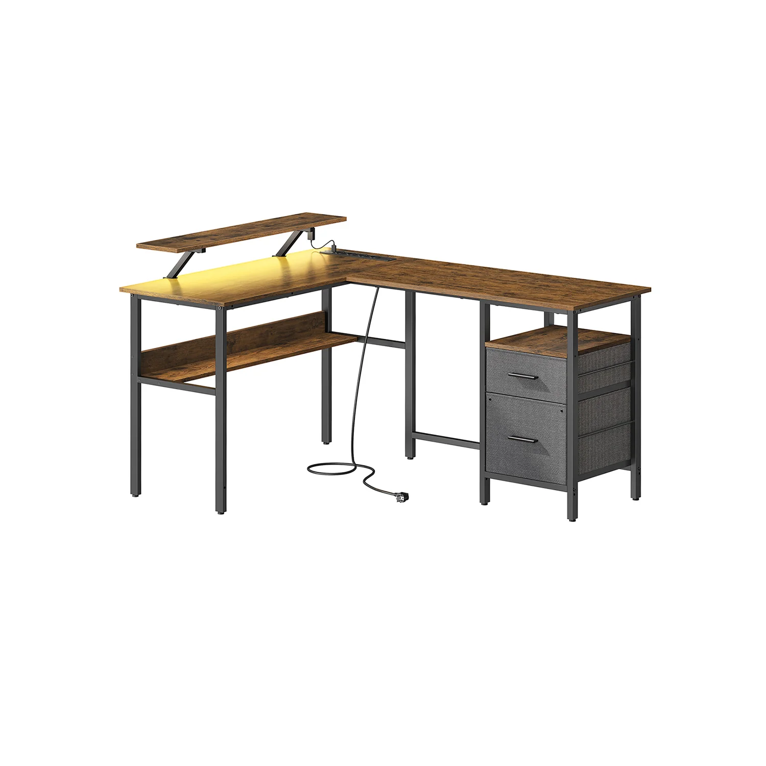 Bureau en L avec multiprise avec rehausseur d’écran