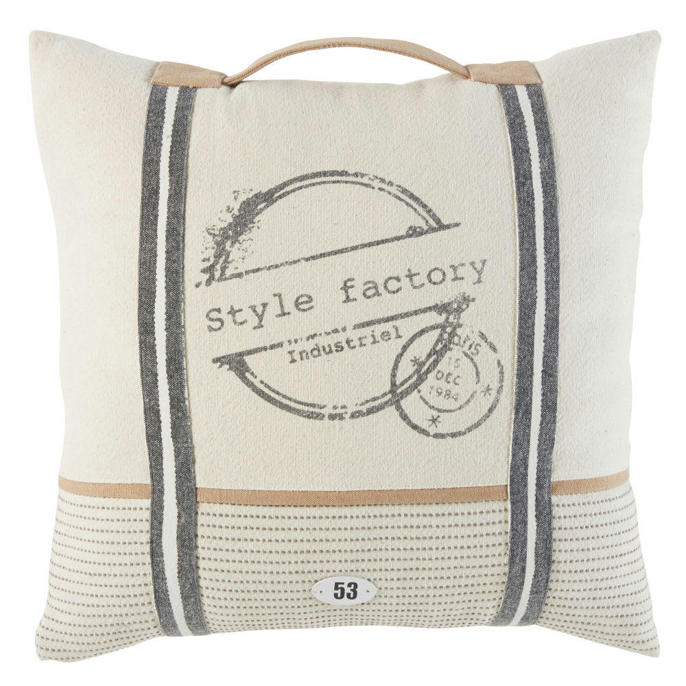 FACTORY - Coussin en coton blanc imprimé avec poignée 45x45