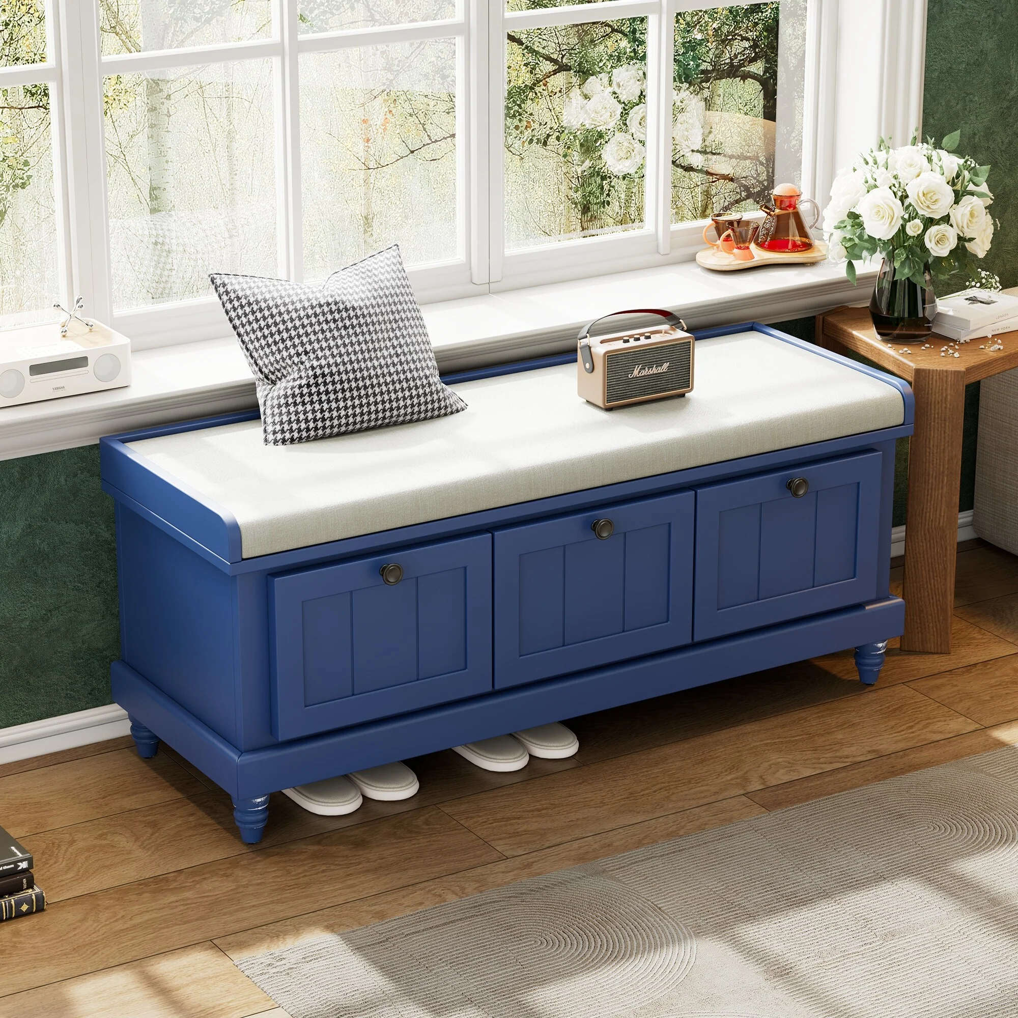 Classic Shoe Bench with Cushion and Three Drawers