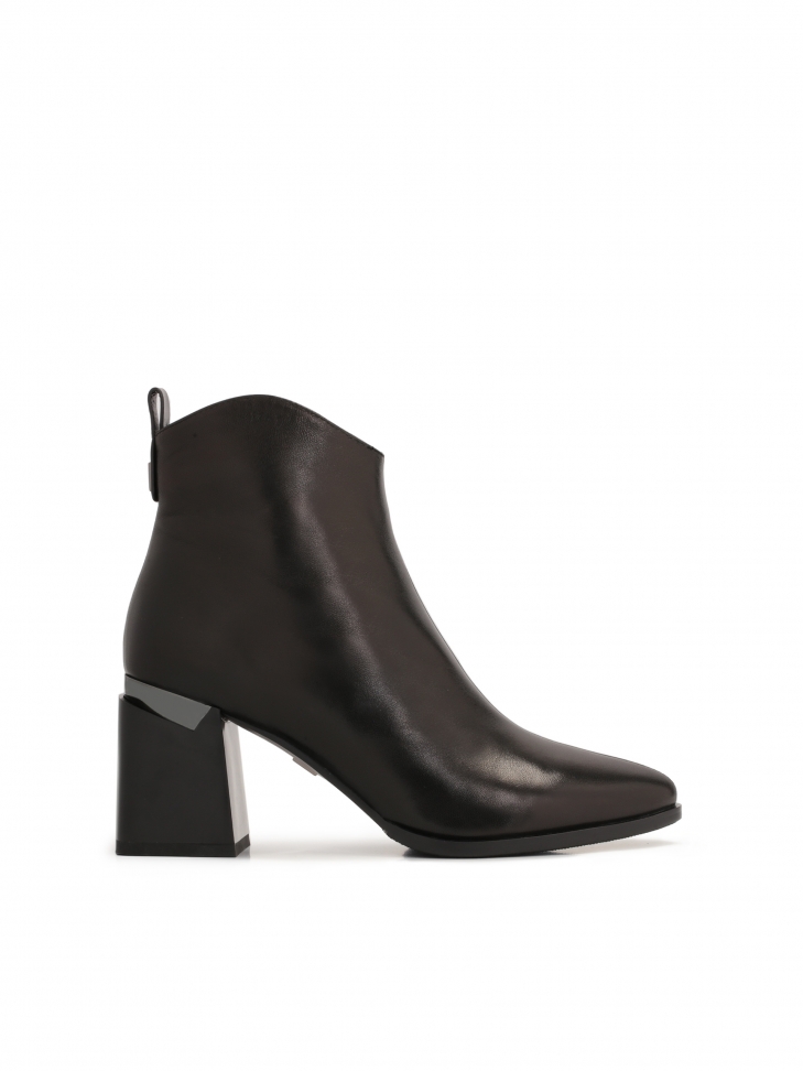 Black leather booties on a block heel with a metal insert