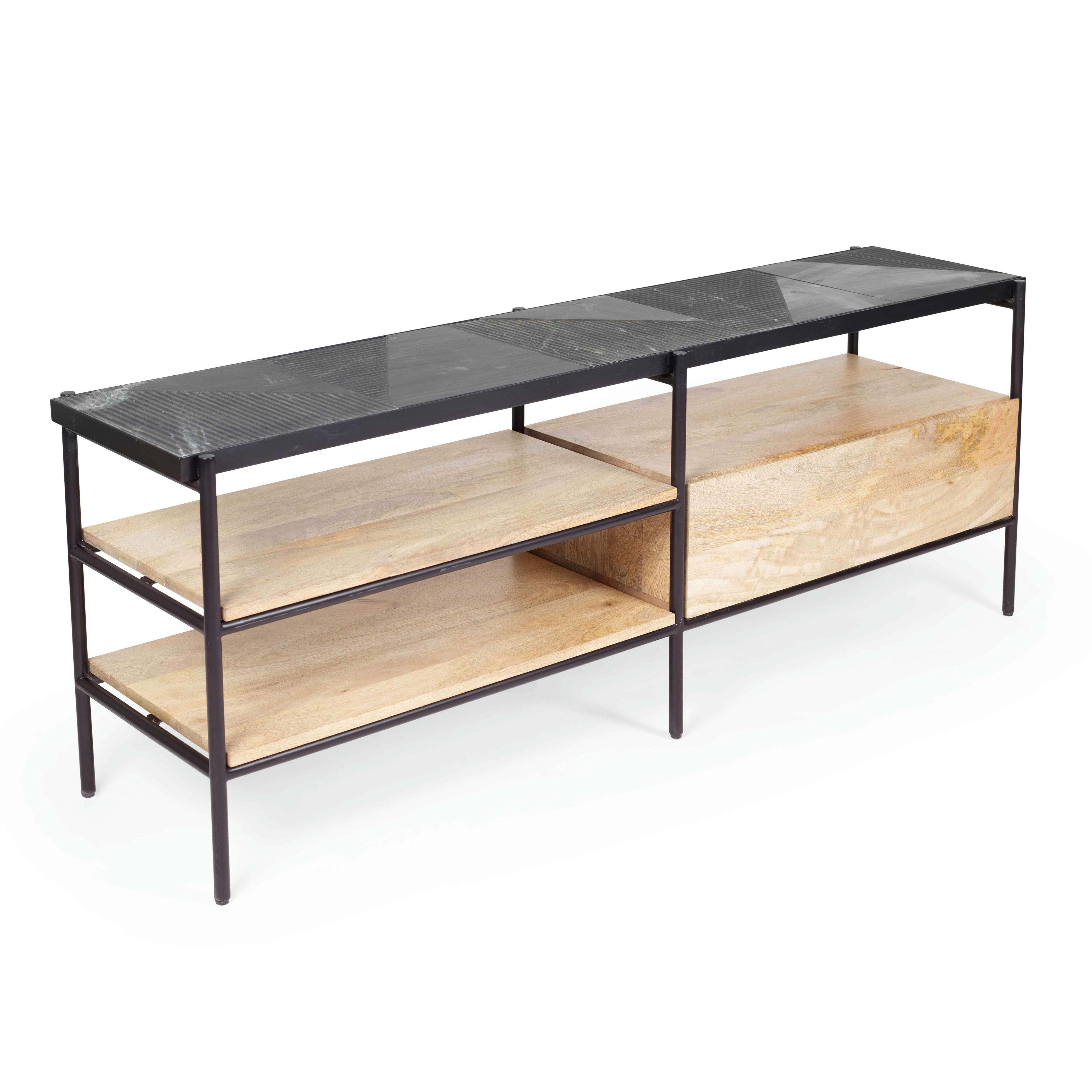 PAHELI - Meuble TV en marbre et manguier massif 150 cm noir