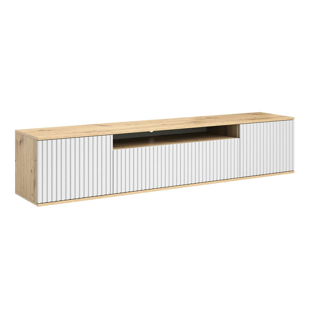 - Meuble TV mural 3 portes 200 cm stratifiés, métal naturel et blanc
