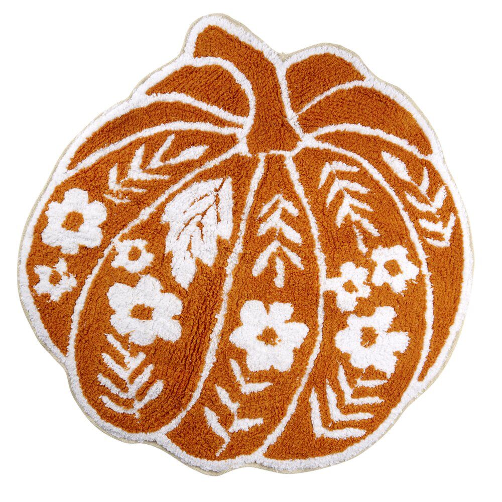 Tapis forme citrouille motif floral orange et blanc Ø60cm