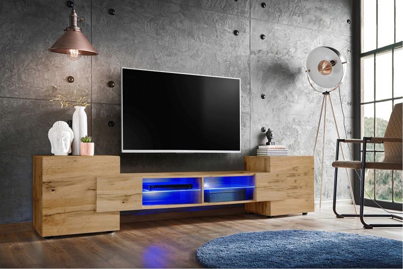 Pan Igiełka Szafka RTV Blue LED Połysk Mat Czarny Biały Dąb Wotan Loft