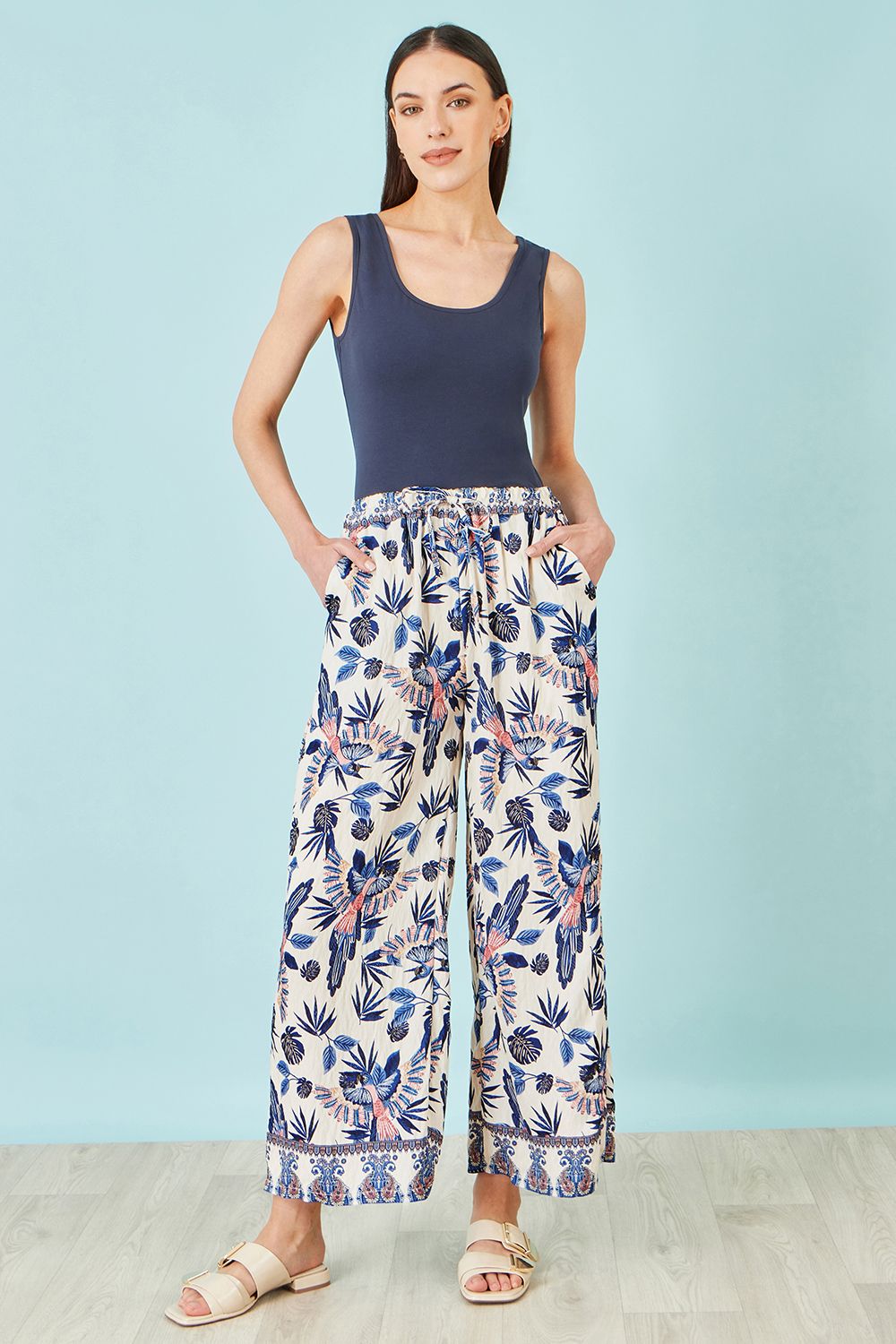 Yumi Blue Viscose Bird Print Wide Leg Trouser