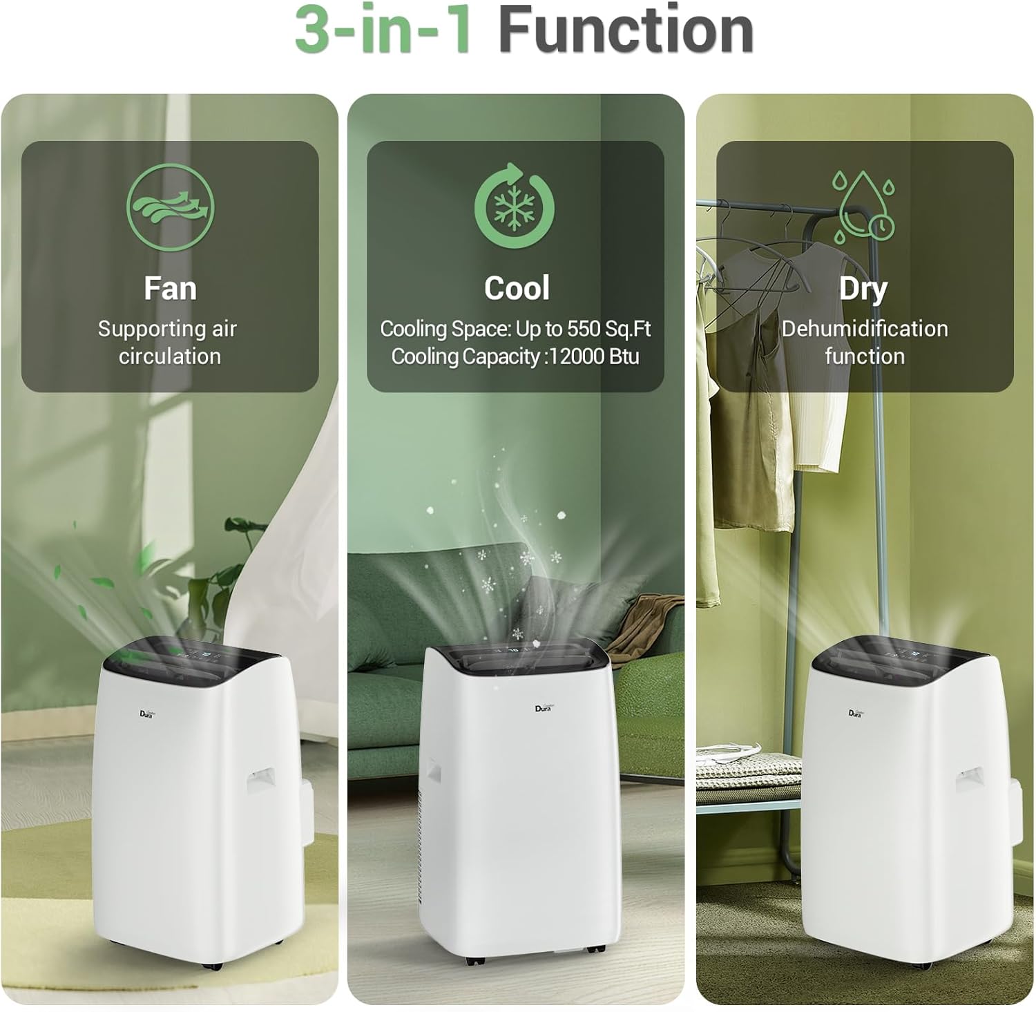 DuraComfort Smart Portable Air Conditioners, 12000 BTU(Ashrae) /8150 BTU (SACC) Quiet AC Unit, Built-in Dehumidifier and Fan Modes, Mobile App, Cools up to 350 Sq. Ft, White