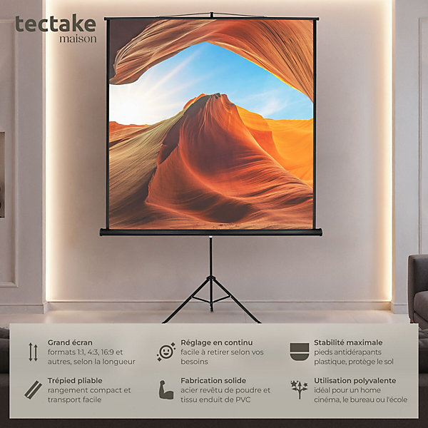 écran de projection extensible avec un trépied en polyester blanc