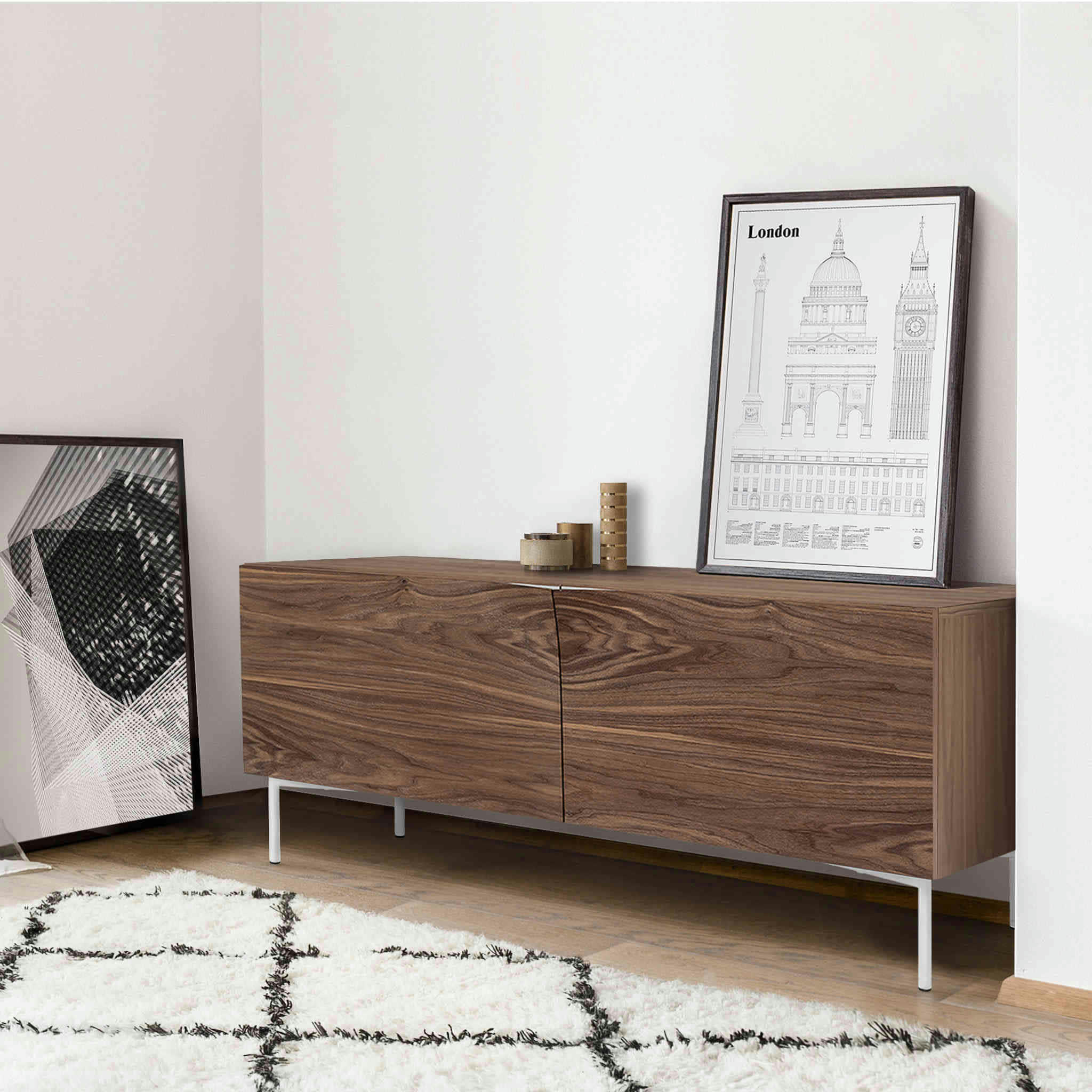 - Commode 2 portes avec pieds en métal bois foncé