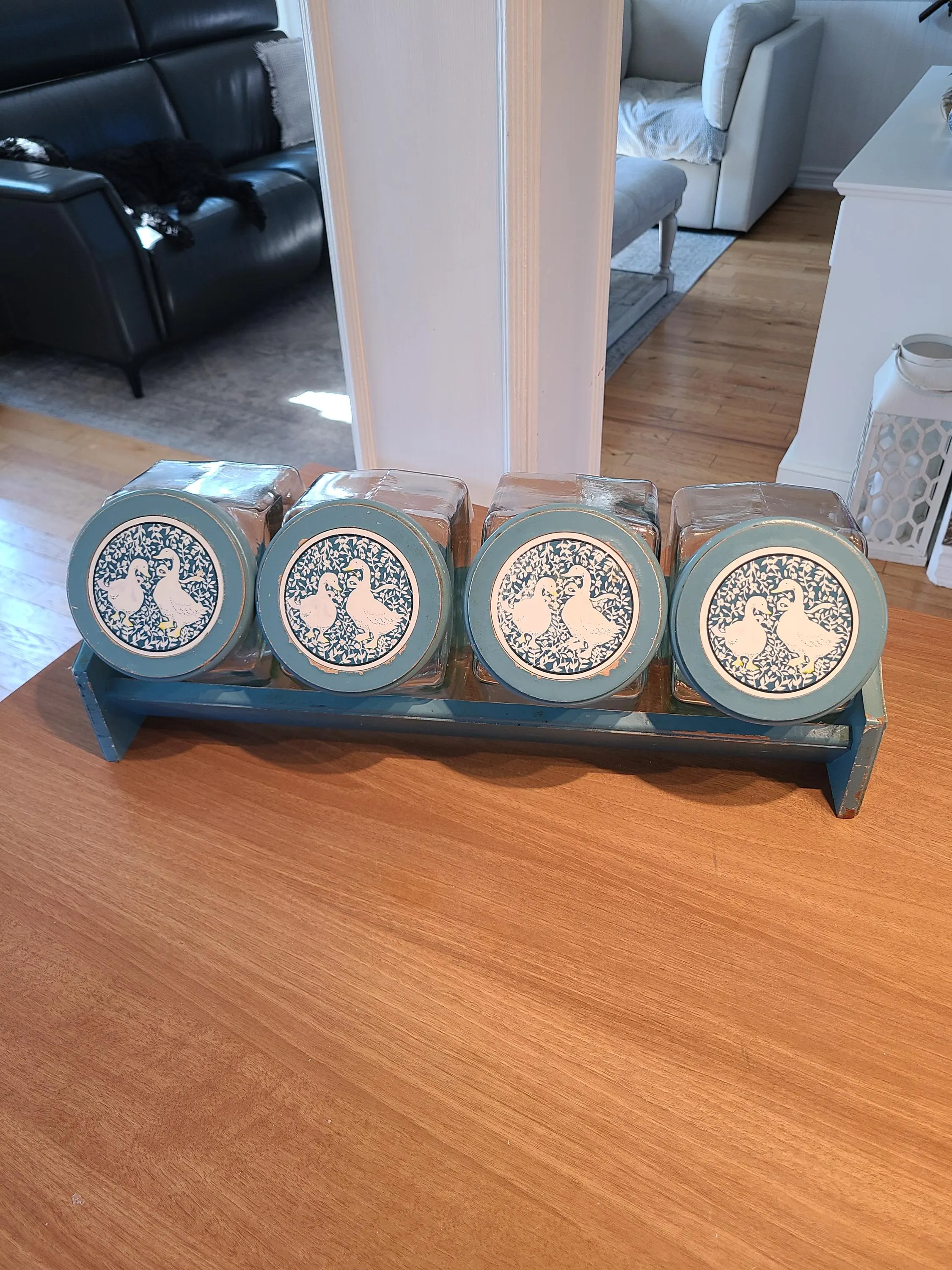 Vintage Glass Geese Canisters with Wood Rack - Set of 4