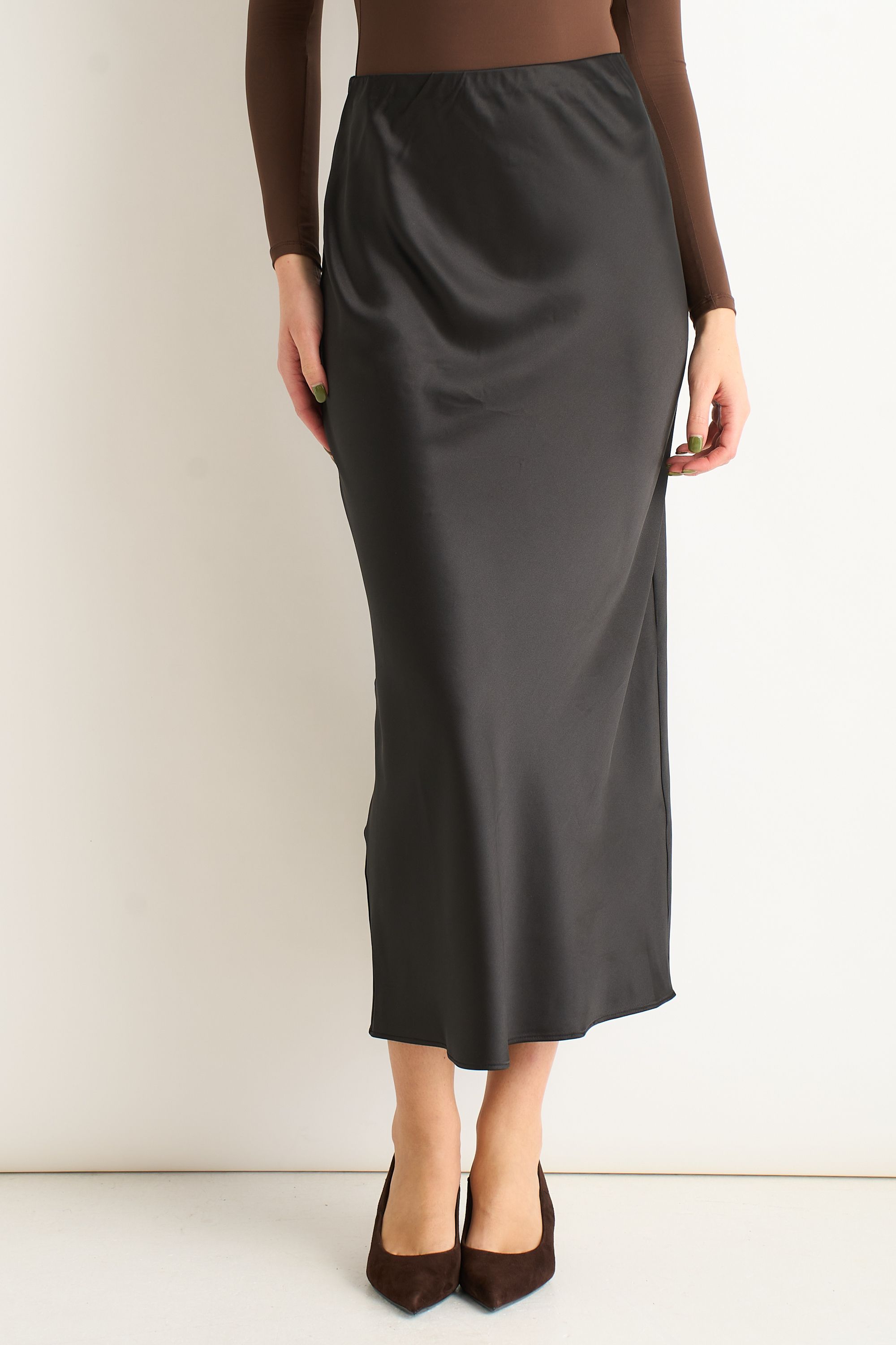Gini London Black Satin Bias Cut Midi Skirt