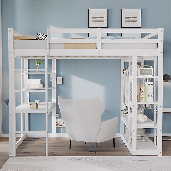 Lit mezzanine 140x200 cm - Lit double avec bureau intégré, rangements fonctionnels et échelle - Pin et MDF - Blanc