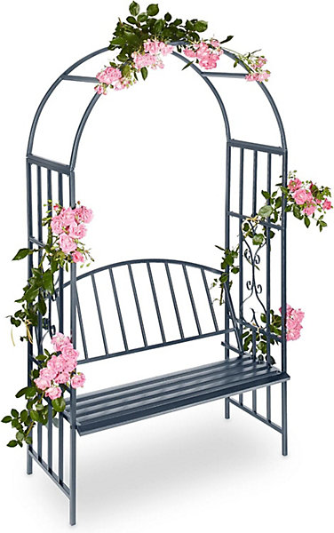 Arche à roses pour jardin avec banc 2 métal en métal arceau colonne décoration HxlxP: 205 x 115 x 50 cm, gris