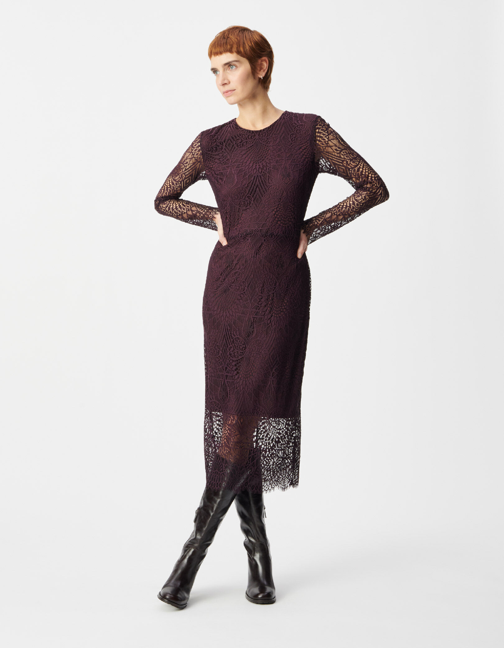 Robe longue bordeaux dentelle Femme