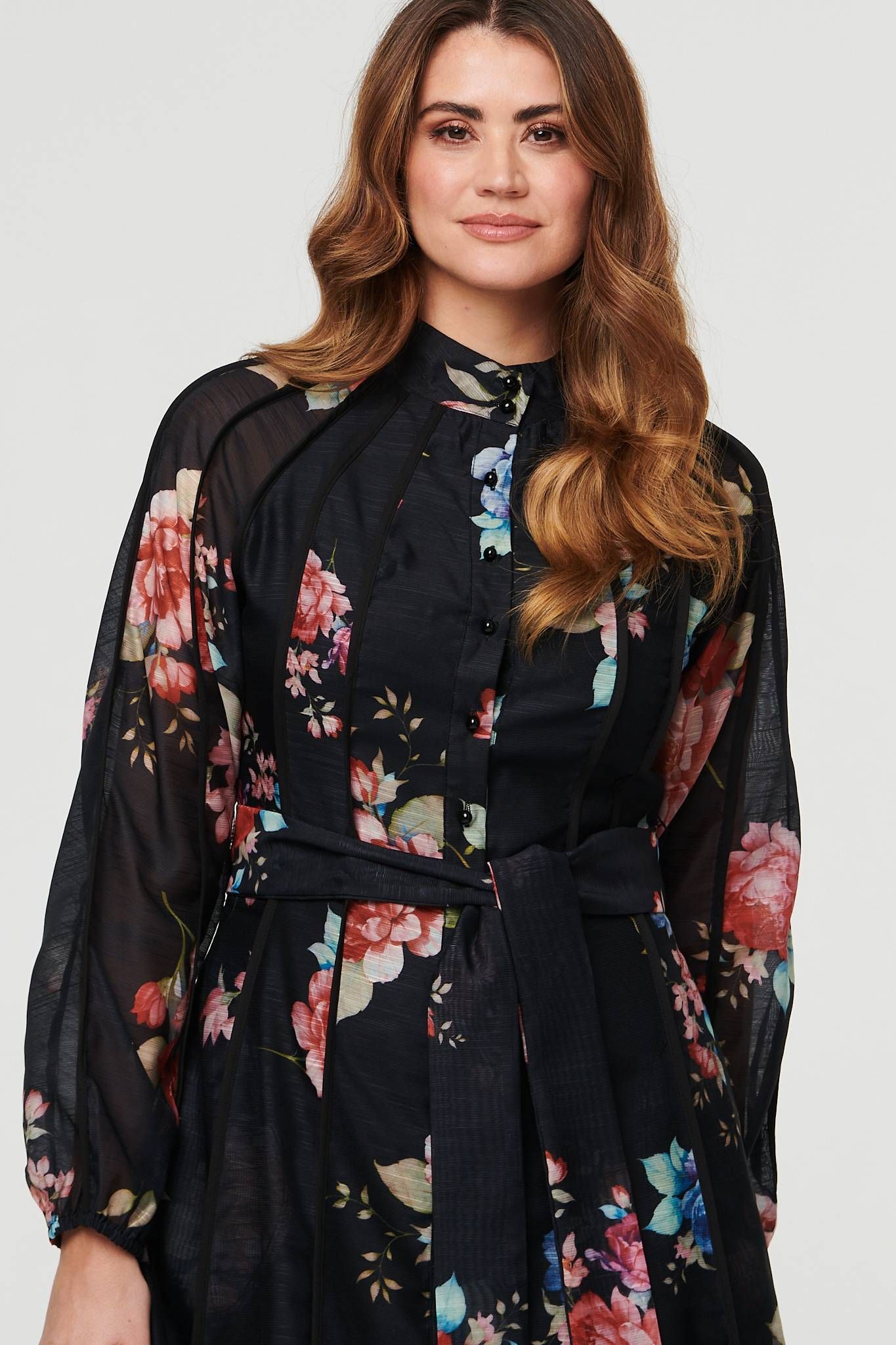 Izabel London Floral Semi Sheer Tie Waist Midi Dress
