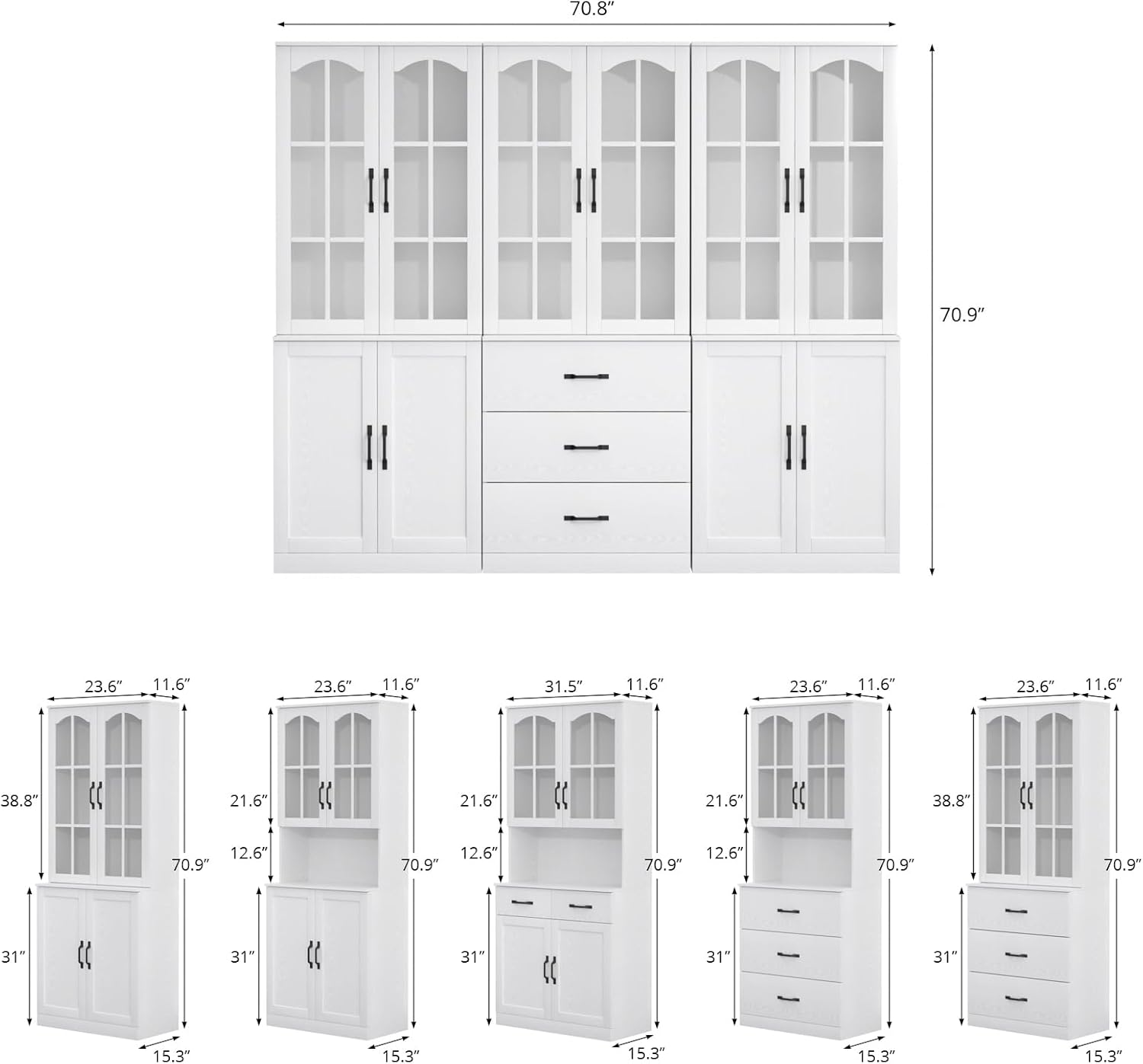 TUSY 71 Tall Bookcase with Glass Door, 6-Tier Modern Bookshelf with Drawer, 23.6 Wide Storage Cabinet with Countertop, Freestanding Display Cabinet for Living Room, Home Office (AEA)