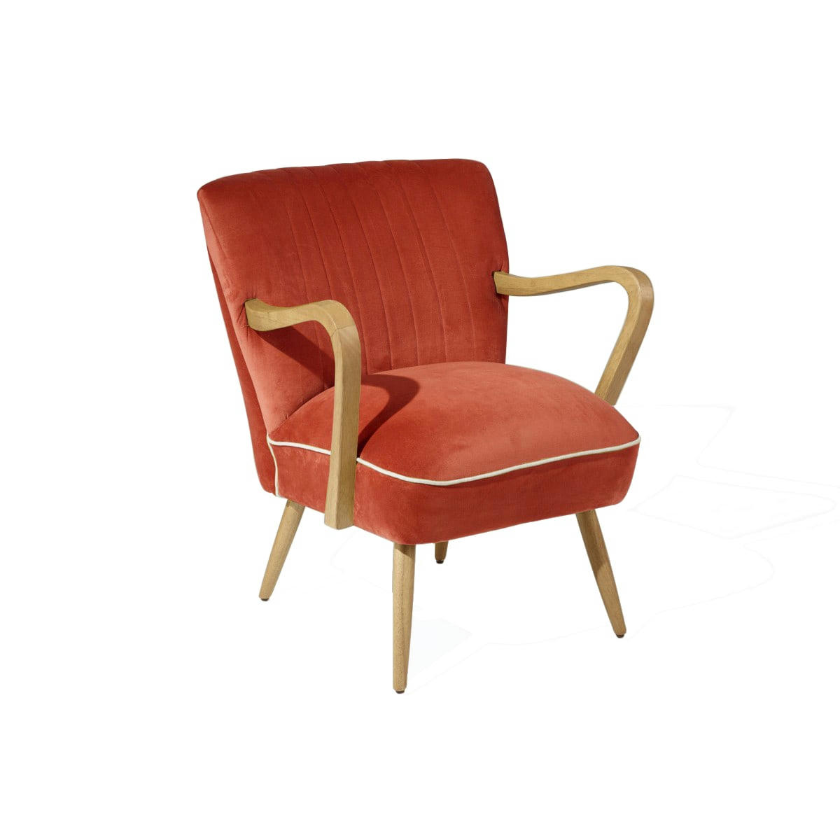 SIXTY - Fauteuil vintage à accoudoirs en chêne et velours brique