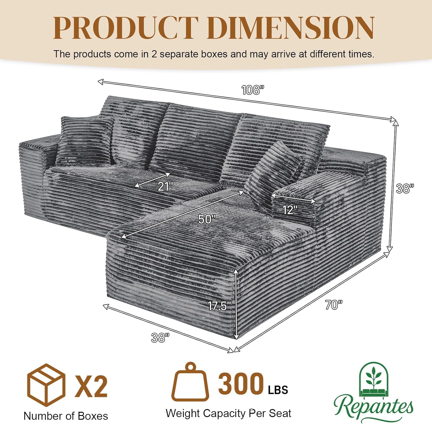 108 L Shaped Boneless Sectional Couches for Living Room, Comfy Corduroy Floor Cloud Sofa with Chaise, Wide Armrest, Deep Seat, Memory Foam, Assembly Free, Ideal for Small Spaces, Grey