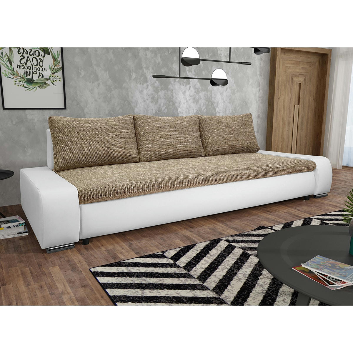 - Canapé convertible 3 places beige et blanc