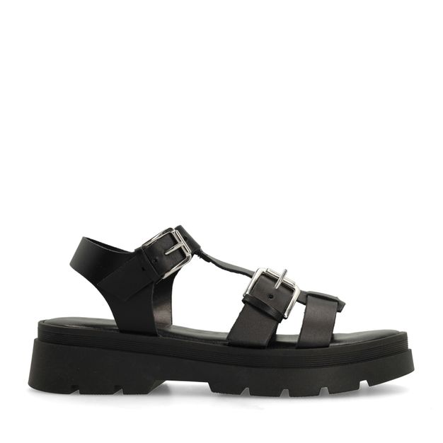 Zwarte plateau sandalen met zilverkleurige buckles