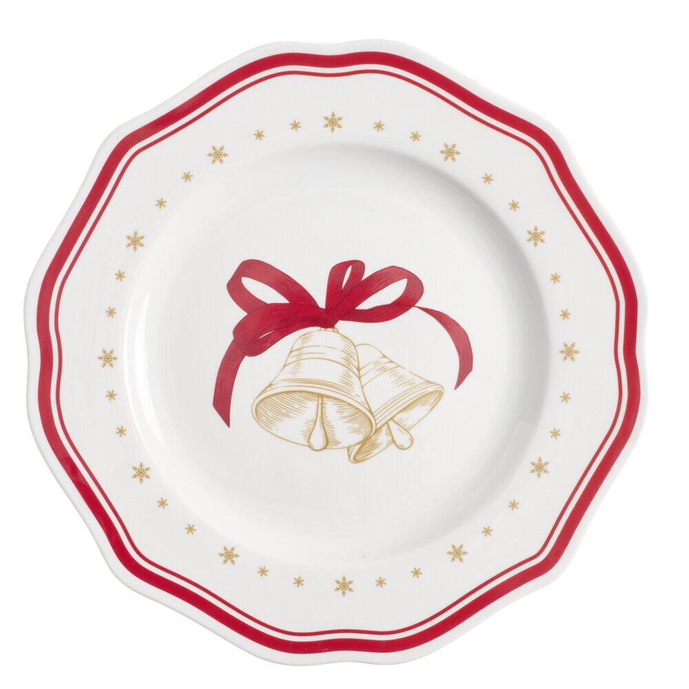 Assiette dessert imprimé boule de No&euml;l contour vague rouge faïence Ø20 cm