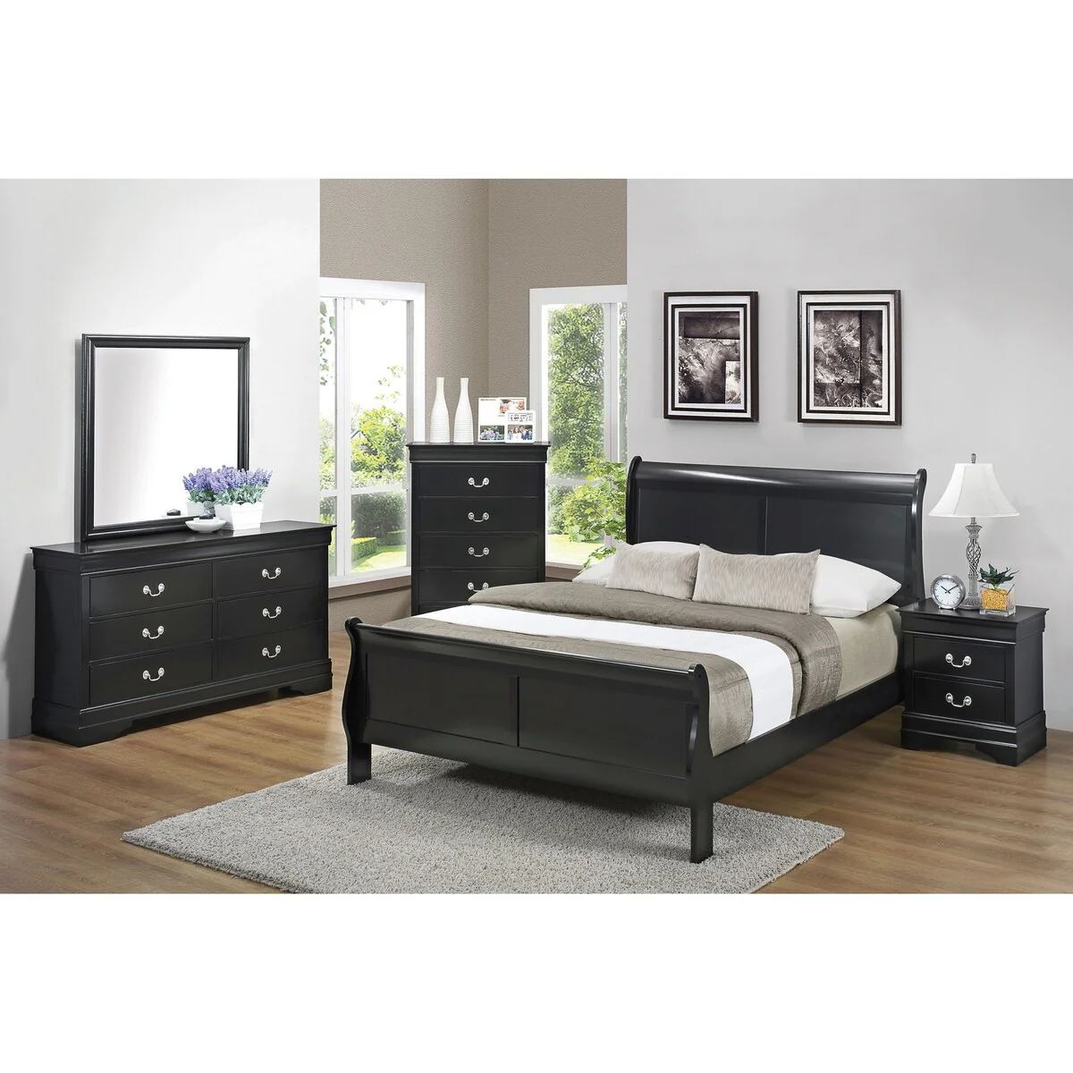 Graffenstaden Black 4-piece Bedroom Set with 2 Nightstands and Dresser
