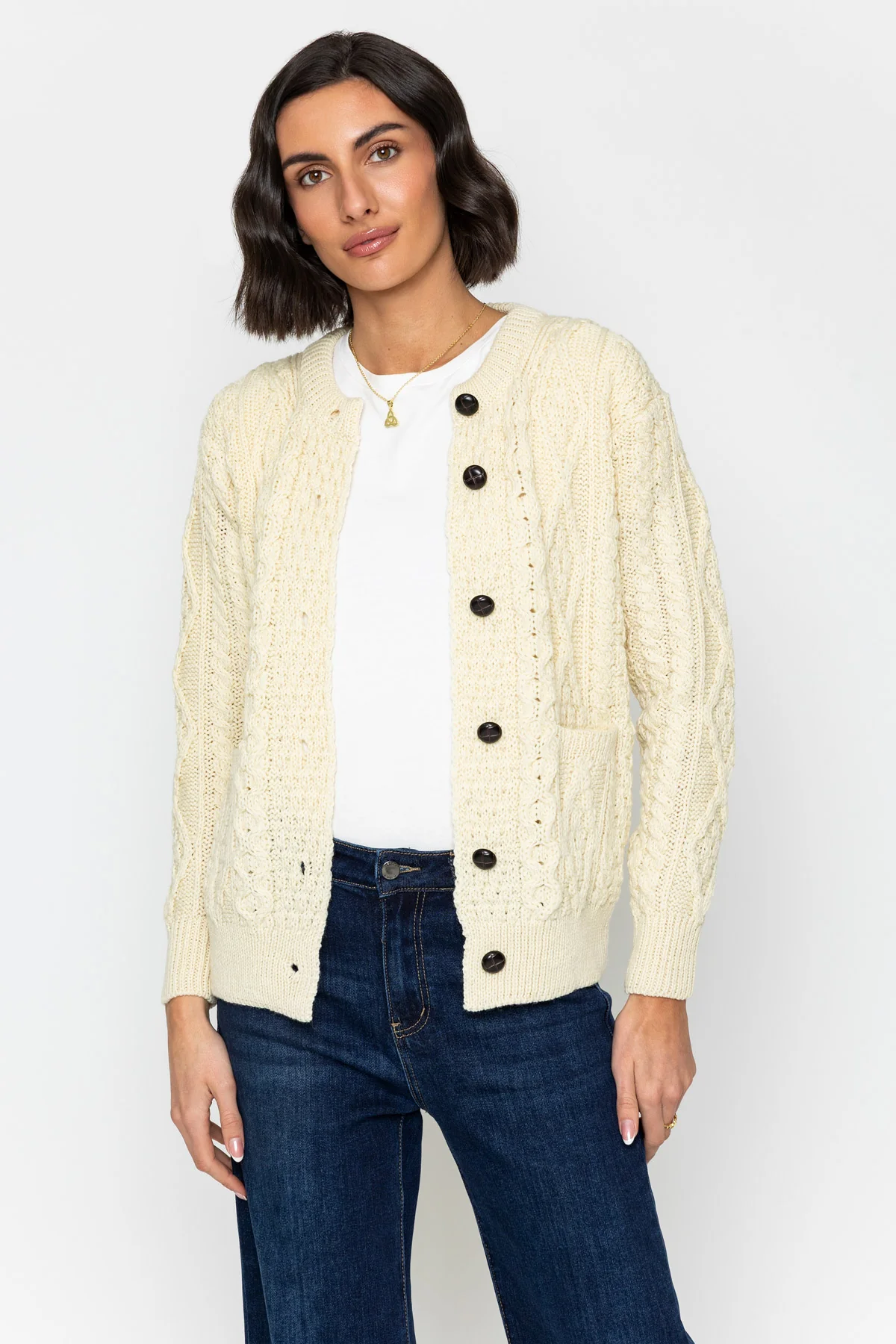 Heritage Cable Knit Cardigan in Ecru