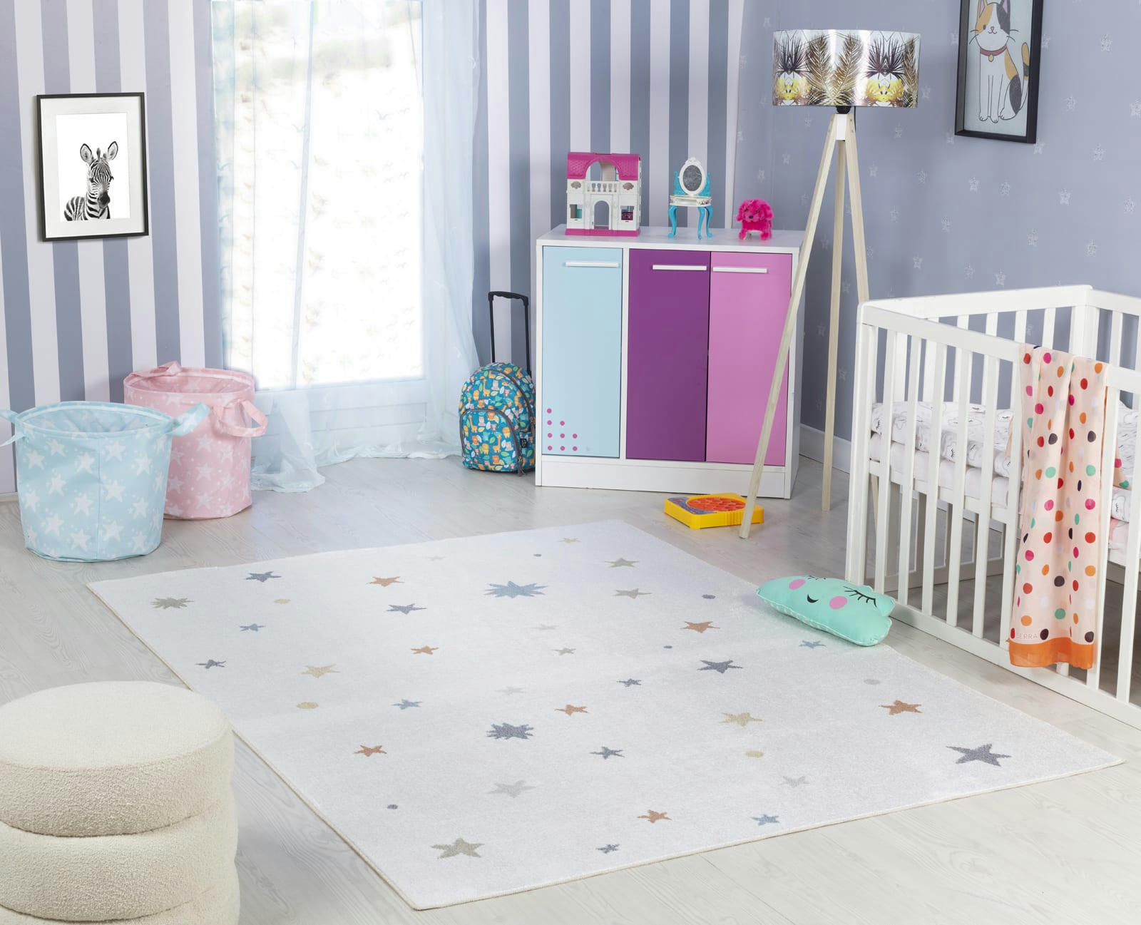STELLA - Tapis Enfant Lavable Étoiles Multicolore/Beige 160x213