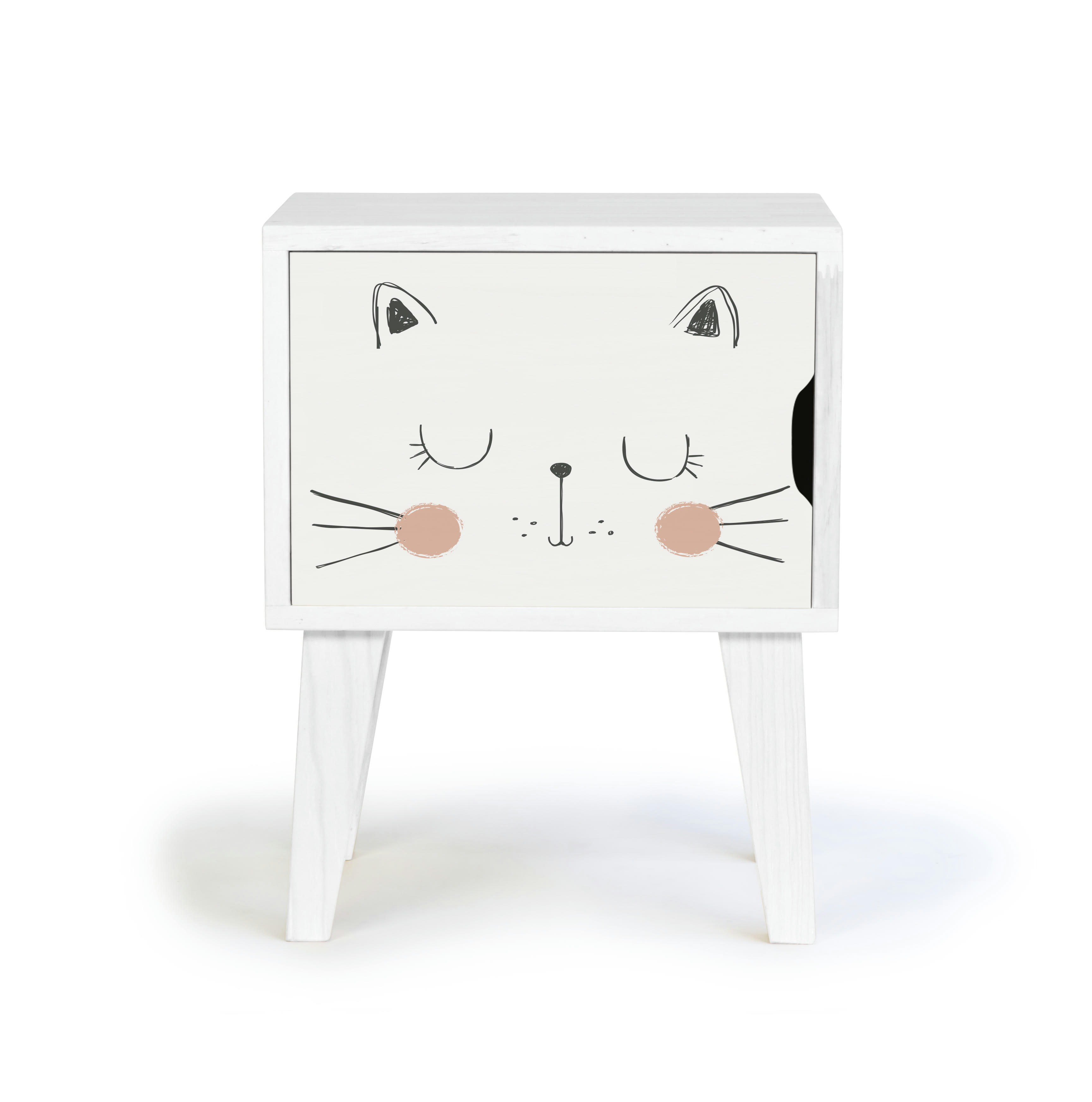 CAT - Table de chevet en pin pour enfant dessin de chat