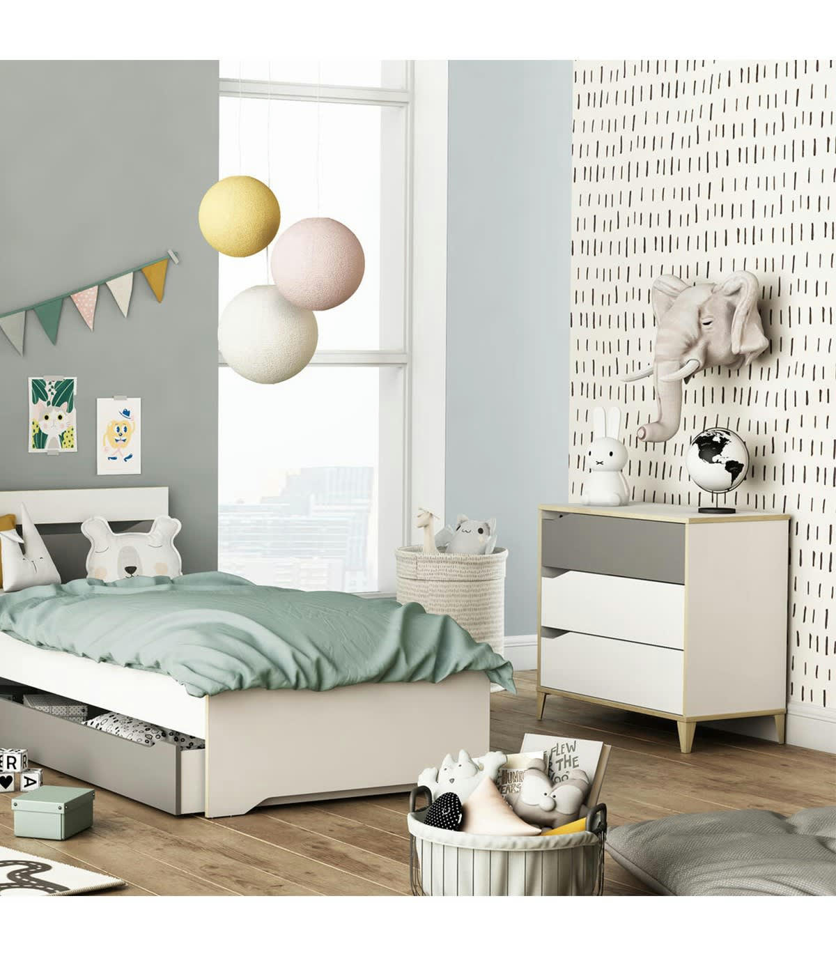 GENIUS - Commode Enfant 3 Tiroirs Grise et Blanche - L78,3 cm