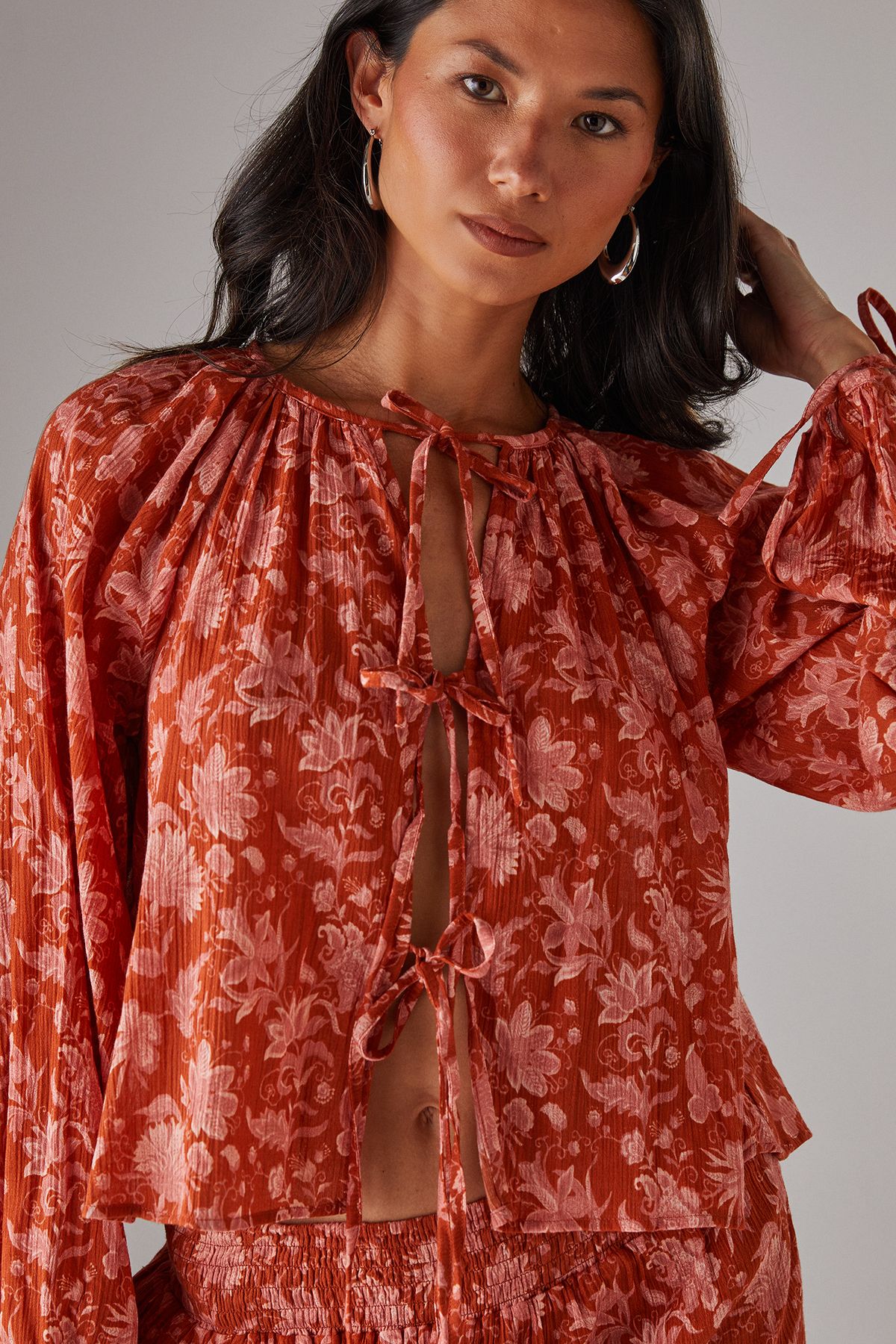 Warehouse Cheesecloth Tie Front Boho Blouse