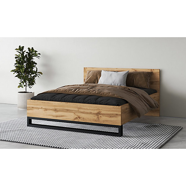 Lit adulte 160x200 style industriel - Collection MILOS. Coloris chene brut et noir. Sommier inclus